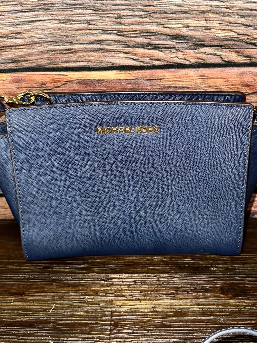 Michael Kors Selma Medium Messenger Navy Saffiano Crossbody with Gold Hardware